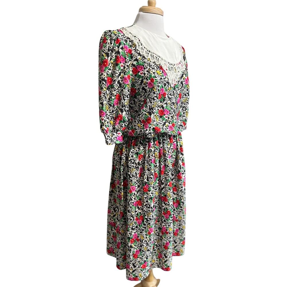 Vintage Dress Womens 12 Country Whimsy Lace Collar Cottagecore Floral Blouson - Picture 2 of 8